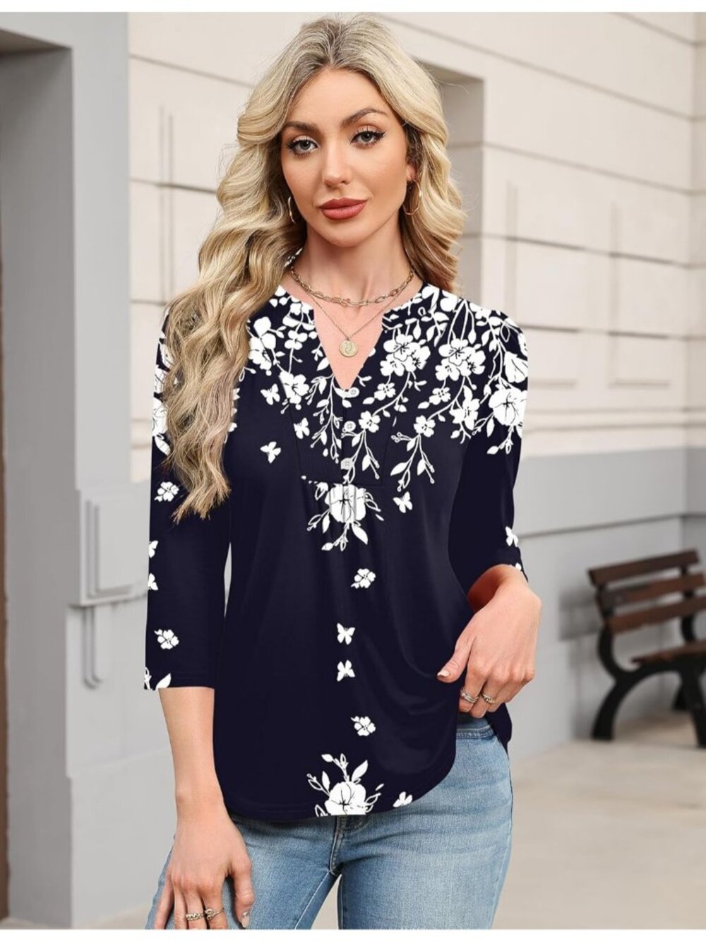 Women's Navy White Long Sleeve Casual Henley V-Neck Floral T-Shirts Loose Fit